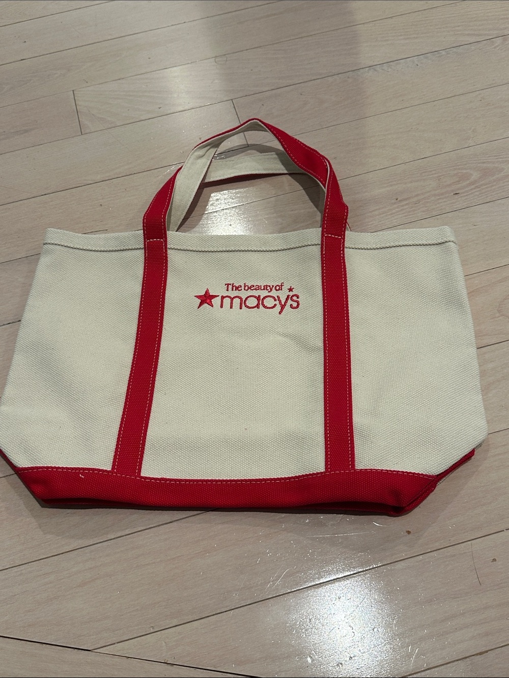 Macy's Cream Canvas Tote with Red Accents new in plastic